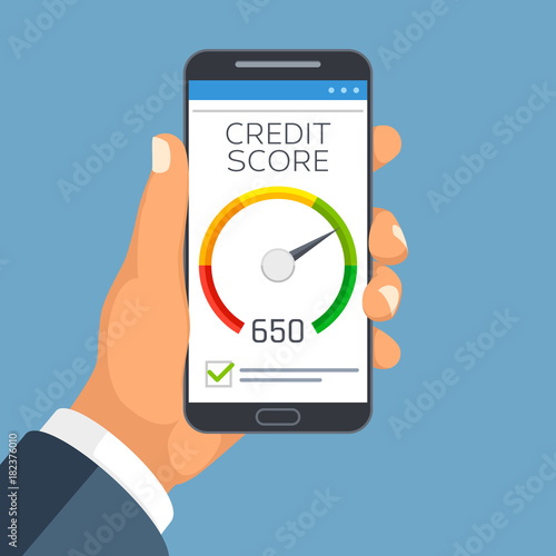 Credit score business report on smartphone screen. Credit rating meter app vector concept
