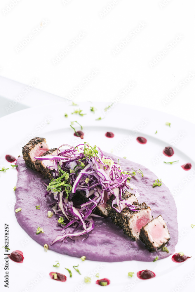 Obraz premium Modern fusion gourmet food cuisine seared tuna fish meal