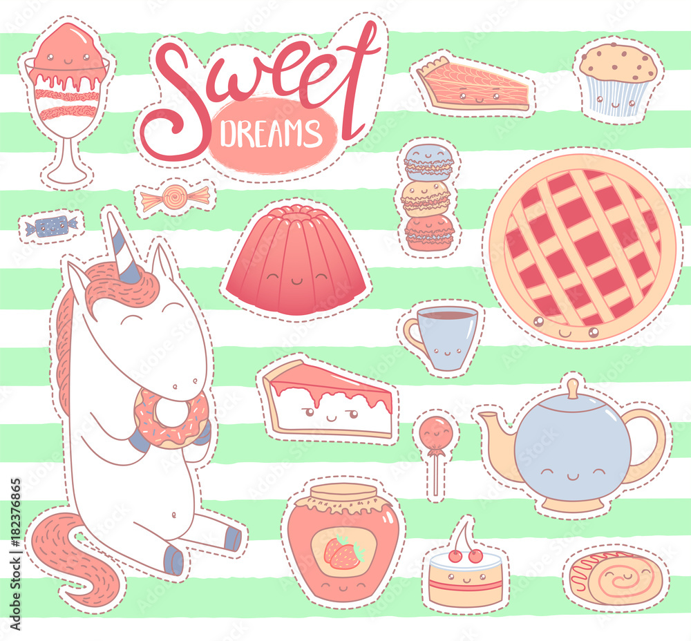 Set of different lovely hand drawn stickers with sweet food doodles, with kawaii cartoon faces, unicorn eating donut, typography. Isolated objects on white background. Design concept dessert, kids. Set of different lovely hand drawn stickers with sweet food doodles, with kawaii cartoon faces, unicorn eating donut, typography. Isolated objects on white background. Design concept dessert, kids.