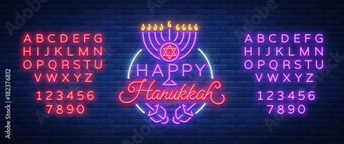 Jewish holiday Hanukkah is a neon sign, a greeting card, a traditional Chanukah template. Happy Hanukkah. Neon banner, bright luminous sign. Vector illustration. Editing text neon sign. Neon alphabet