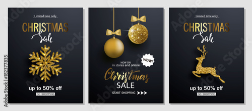 Christmas Sale posters with shiny snowflake,Christmas ball and Golden deer. Vector illustration. Design for invitation, banners, ads, coupons, promotional material