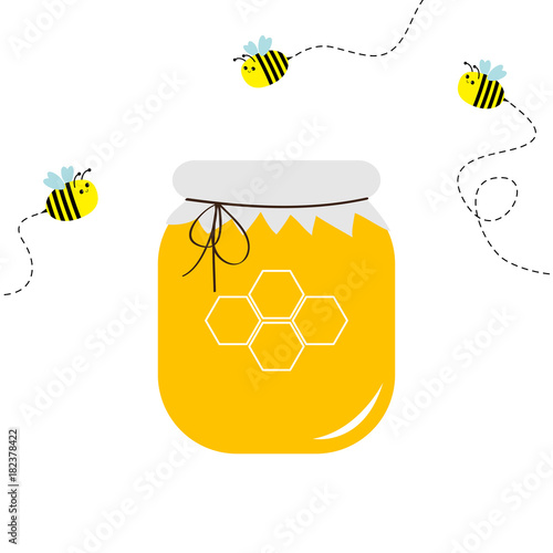 Honey jar pot icon. Honeycomb logo. Beehive element. Flying bee insect dash line set. Paper top and bow. Yellow healthy food. Isolated. White background. Flat design.