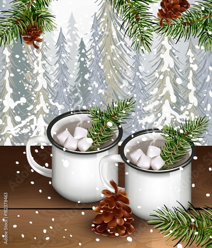 Two cups with hot cocoa and marshmallows drink with fir trees background. Win...