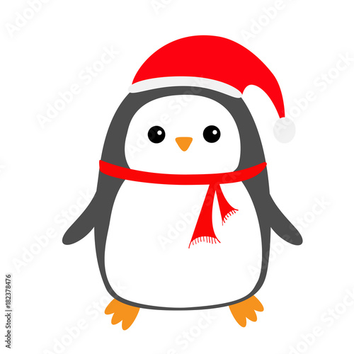 Penguin bird on snowdrift. Red Santa Claus hat, scarf. Cute cartoon kawaii baby character. Merry Christmas. Flat design. Hello winter. White background. Isolated. © worldofvector