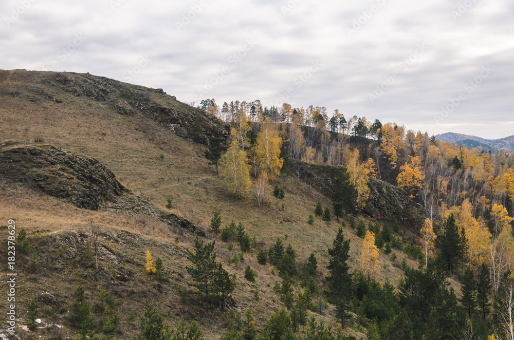 Fototapeta premium Mountain landscape on a cloudy autumn day in Russia, Syberia