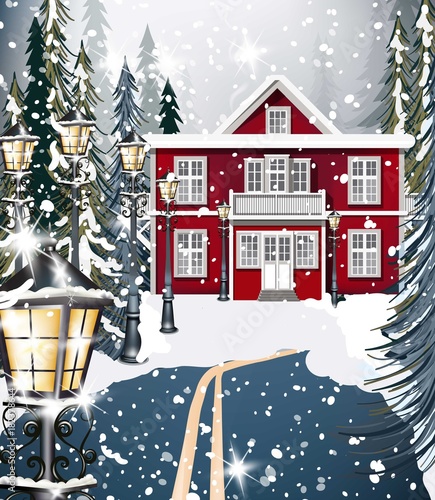 Red house Winter snowy background fir trees. Road in the middle of the forest...