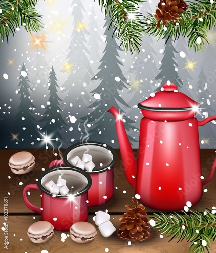 Black tea in Red cups on Winter background Vector realistic illustrations