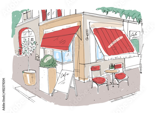 Colored freehand sketch of small sidewalk cafe or restaurant with table decorated with potted plant and chairs standing on city street under awning beside building. Hand drawn vector illustration. photo