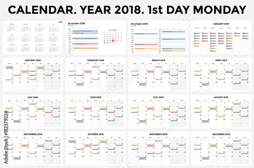 Calendar infographic  table chart  presentation chart. Business period concept. Task manager. Day  week  month. 2018 year. Time management. Organizer date diary.