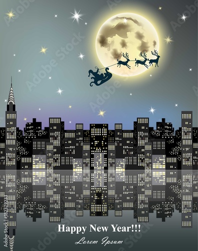 Happy New Year card with reindeer flying over city skyscrapers. Vector
