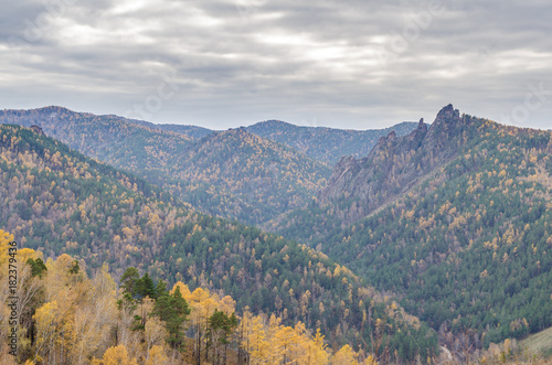 Mountain landscape on a cloudy autumn day in Russia, Syberia