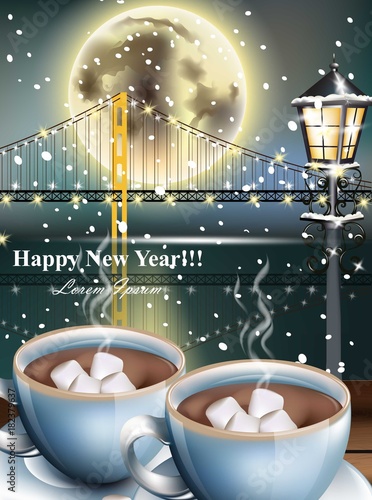 Happy New Year card with warm drinks over snowy winter background. Full moon ...