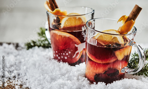 Glasses of traditional spicy Christmas Gluhwein