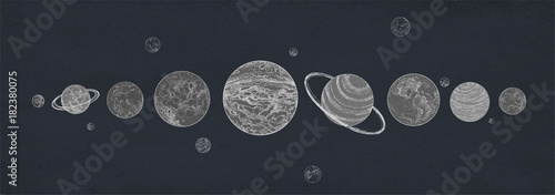 Horizontal banner with planets of Solar system arranged in row against dark background. Celestial bodies or cosmic objects in outer space. Retro vector illustration in black and white colors.