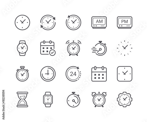 Minimal Set of Time and Clock Line Icons