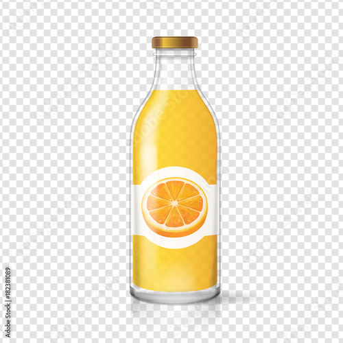 Orange juice bottle glas with juice label. Fruit beverage packaging. Realistoc vector