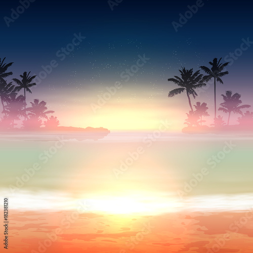 Tropical background with sea and palm trees. Sunset time.