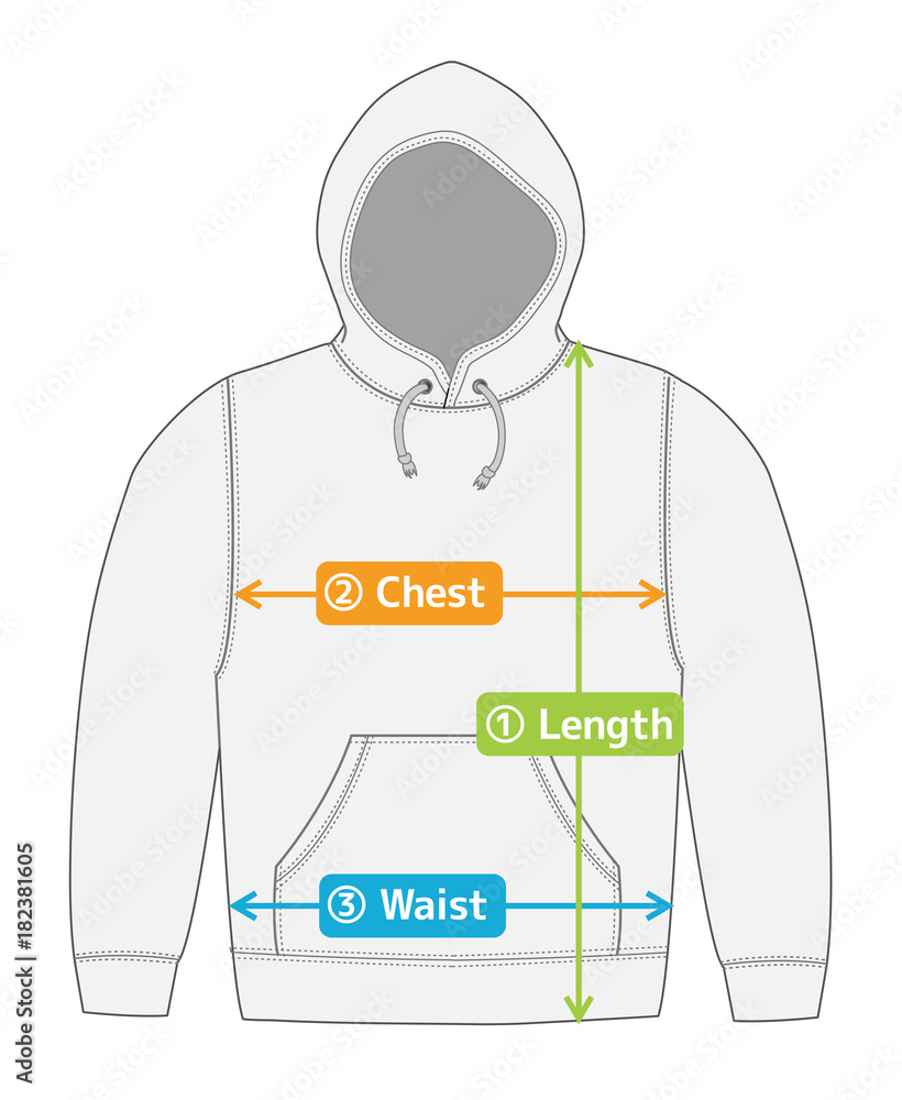 Vecteur Stock hoodie/hooded sweatshirt illustration for size chart  (english) / color version | Adobe Stock