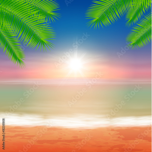 Fototapeta Naklejka Na Ścianę i Meble -  Beach and tropical sea with bright sun and palmtree leaves