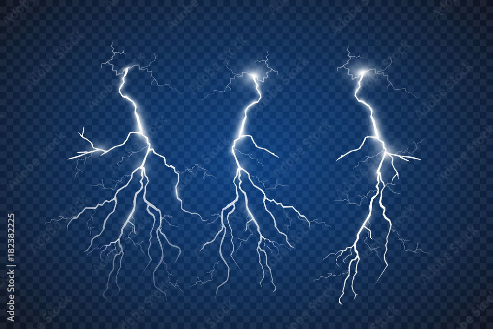 Set of lightnings. Thunder-storm and lightnings. Magic and bright ...
