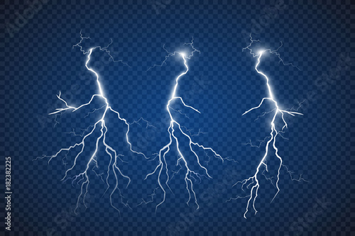 Set of lightnings. Thunder-storm and lightnings. Magic and bright lighting effects. Vector Illustration