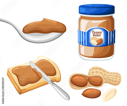 Illustration of a jar of peanut butter,bread and butter isolated on a white background Design template in EPS10.