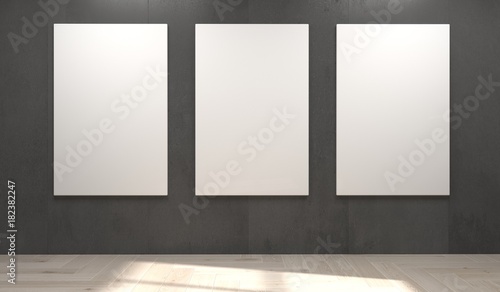 3D Rendering Of Empty White Poster Hanging On Concrete Wall And Sunlight From The Window