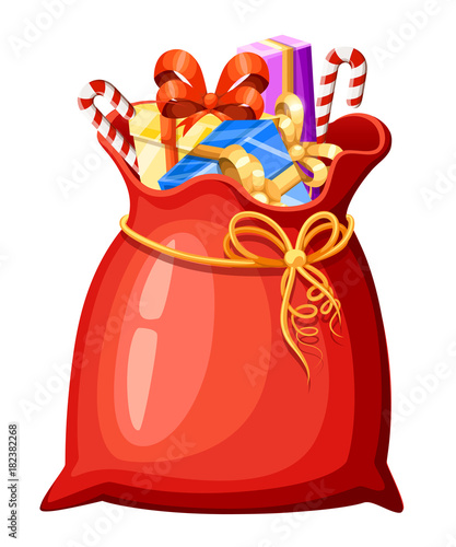 Vector Christmas Santa Claus bag with different gifts and presents isolated on white background. Design template in EPS10.