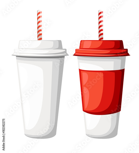 Drink in a red and white paper cup with straw. Illustration isolated on white background.