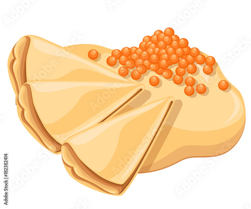 Pancakes with salmon red caviar. Pancake wrapping. Tasty festive dish. Vector illustration isolated on white background.