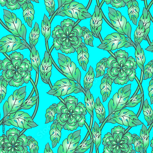 Vector seamless background with floral branches. Intricate ornament made of twisted flowers.