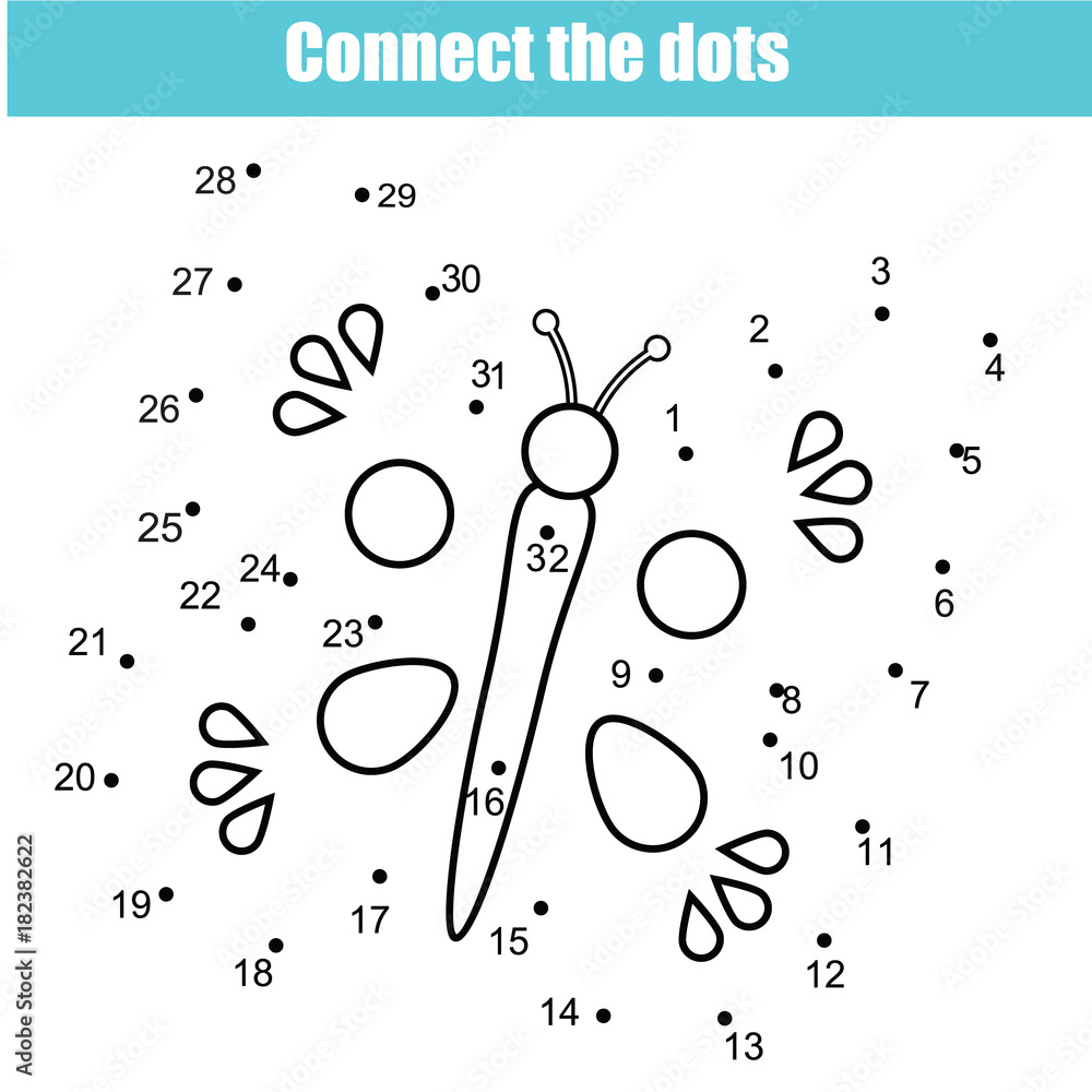 Connect the dots by numbers children educational game. Printable