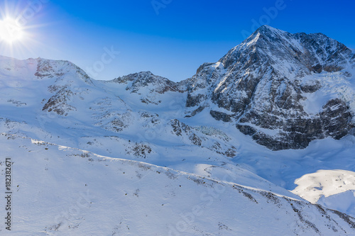 Snowy Italian Alps Sulden, Solda with Ortler, Zebru, Grand Zebru in background. Val Venosta, South Tirol, Italy. 