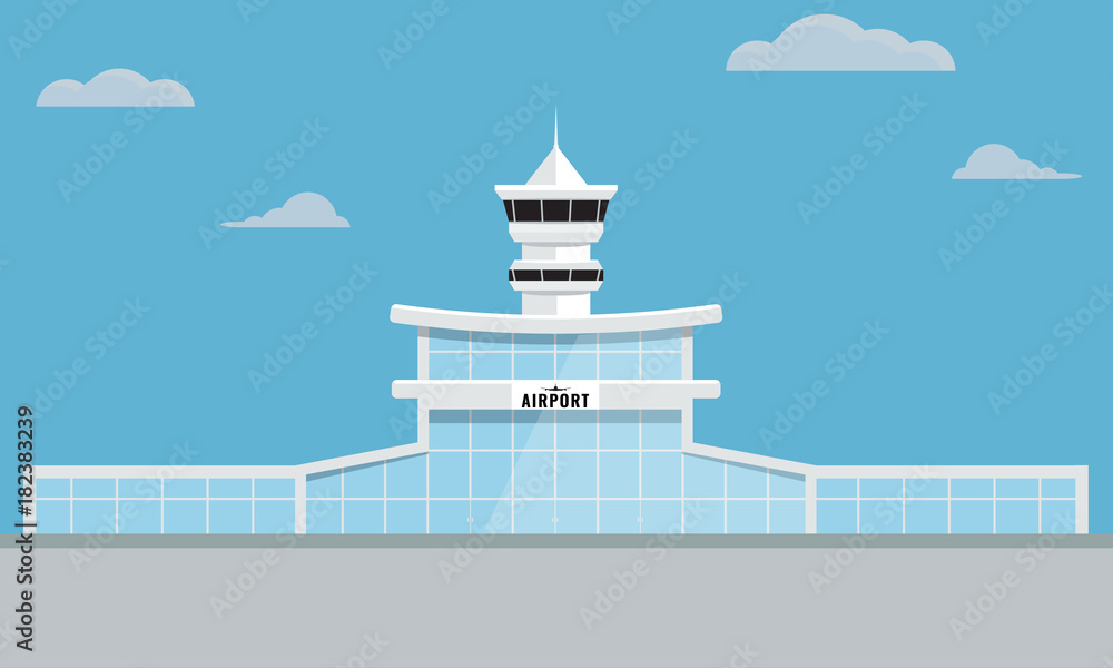 Airport building tower with flat and solid color design.