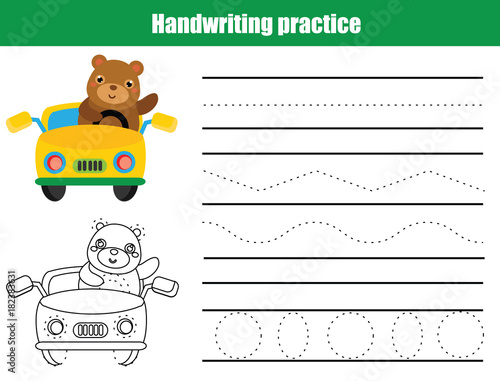 Handwriting practice sheet. Educational children game, printable worksheet for kids. Writing training, tracing lines.