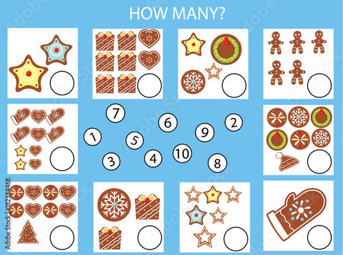 Counting educational children game, kids activity worksheet. How many objects task. christmas, winter holidays theme