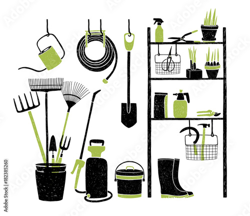 Hand drawn gardening tools storing on shelving, standing and hanging beside it on white background. Organized storage of agricultural equipment. Vector illustration in green and black colors.