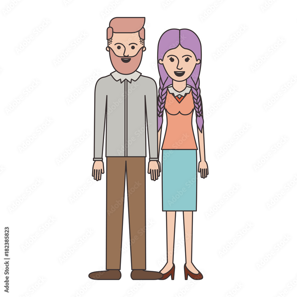 couple colorful silhouette and him with beard and shirt and pants and shoes with side parted hairstyle and her with blouse and skirt and heel shoes with braided hair vector illustration couple colorful silhouette and him with beard and shirt and pants and shoes with side parted hairstyle and her with blouse and skirt and heel shoes with braided hair vector illustration