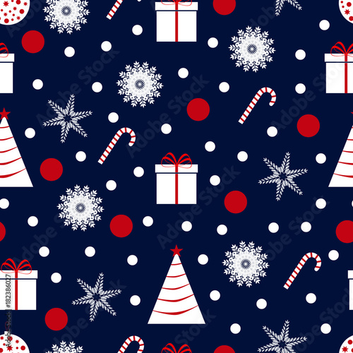 Christmas and New Year seamless pattern with Trees, snowflakes, sweets, gifts, stars, toys. Vector Design, surface textures, wrapping paper, background for a Winter Holiday wallpaper.