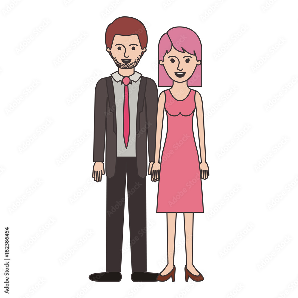 couple colorful silhouette and him with suit and tie and pants and shoes with short hair and stubble beard and her with dress and heel shoes with mid length hair vector illustration