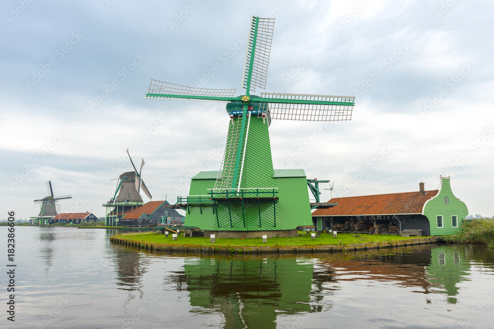 Windmills in Zaanse Schans. The Zaanse Schans is a typically Dutch small village in Amsterdam, Netherlands..