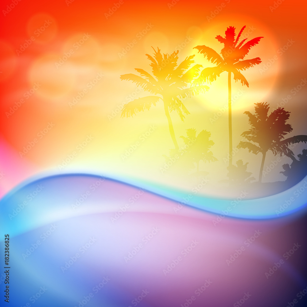 Water wave and island with palm trees. Orange background.