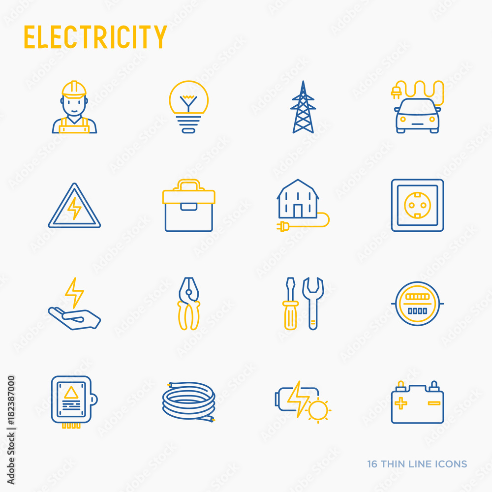 Electricity thin line icons set: electrician, bulb, pylon, toolbox, cable, electric car, hand, solar battery. Vector illustration. Electricity thin line icons set: electrician, bulb, pylon, toolbox, cable, electric car, hand, solar battery. Vector illustration.