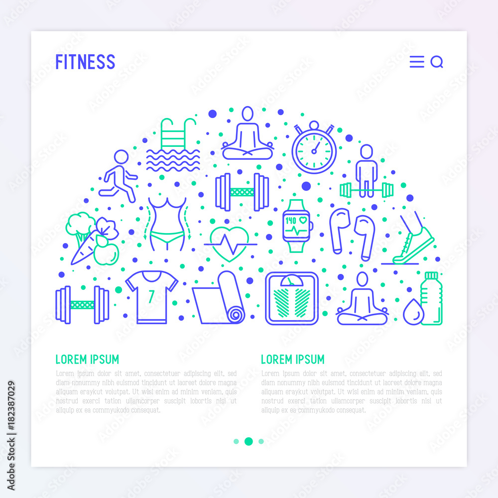 Fitness concept in half circle with thin line icons of running, dumbbell, waist, healthy food, swimming pool, pulse, wireless earphones, sportswear, yoga. Modern vector illustration for web page.