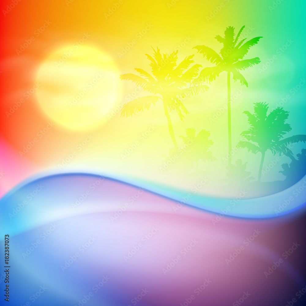 Water wave and island with palm trees. Colorful background.
