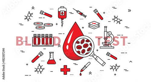 Blood test vector illustration. Medical (healthcare) blood and plasma research (analysis) and examination line art concept. Blood drop and medical equipment graphic design.