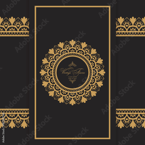 Vintage luxury greeting card. Vector ornate border. Golden frame on a dark background. Template for design. 