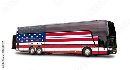 Black Travel  bus with the american flag on side