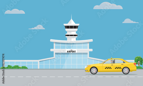 Airport terminal building and yellow taxi. Urban background flat and solid color design.