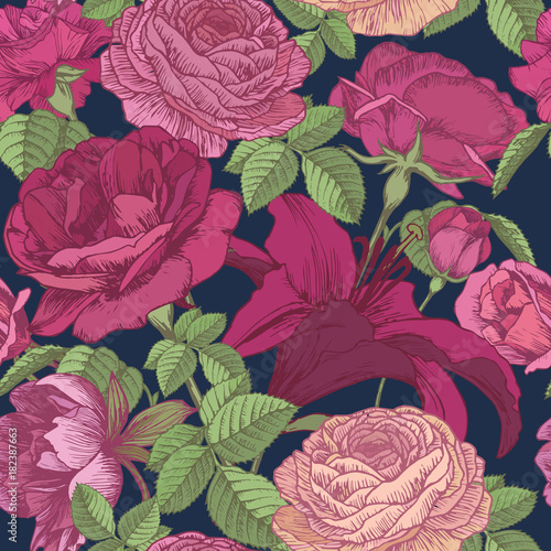 Vector floral seamless pattern with lilies  peonies  red and pink roses on dark blue background in vintage style